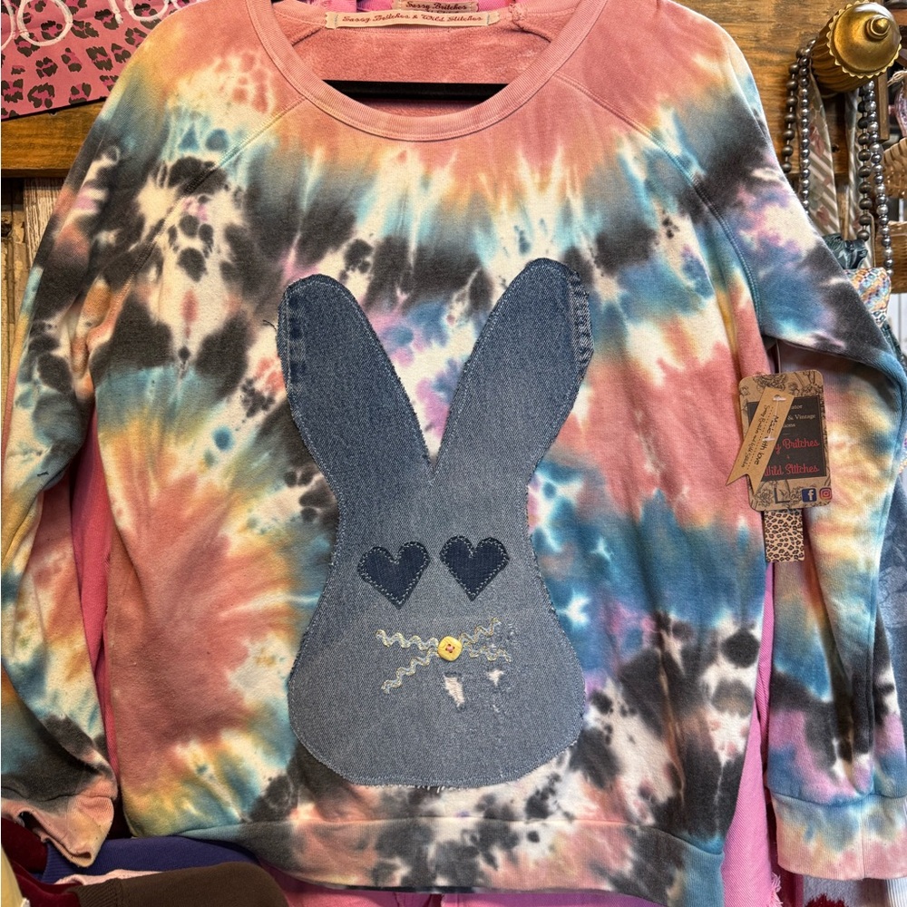 Handmade Upcycled Repurposed Rework Tie Dye Denim Bunny Easter Sweatshirt Gypsy